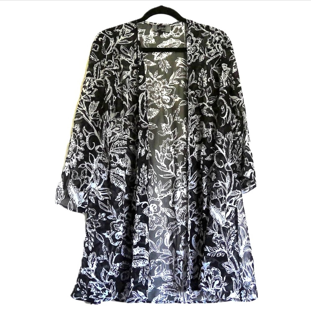 Slinky Brand Floral Kimono Black & White Robe Semi Sheer 3/4 Bell Sleeve EUC L